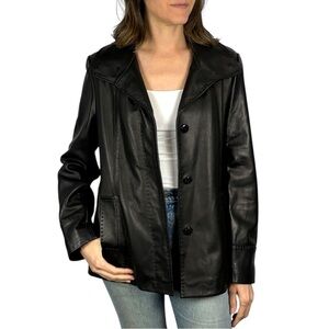 JONES NEW YORK BLACK LEATHER BUTTON DOWN A LINE STITCHED TRIM SWING JACKET